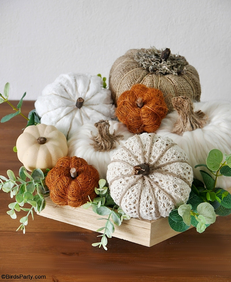 5 Neutral DIY Pumpkin Decorations for Fall - easy craft decorations to  transform cheap pumpkins into high-end looking décor for your home! by BirdsParty.com @BirdsParty #pumpkin #pumpkins #falldecor #fallcrafts #yarnpumpkins #burlappumpkins #lacepumpkins #neutralpumpkins #diycrafts #diyfall #dollartree #dollarstore #farmhousedecor #farmhouse