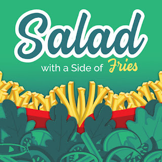 Graphic with green background with fries and salad in the foreground.