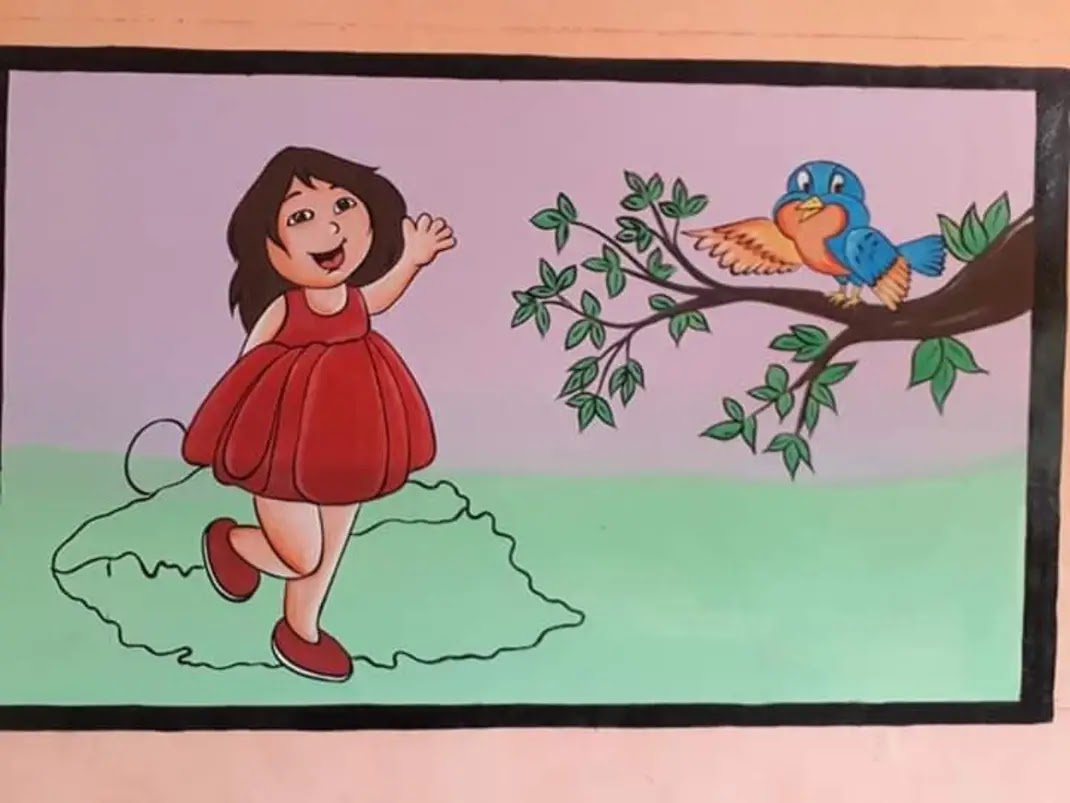 School wall painting cartoon