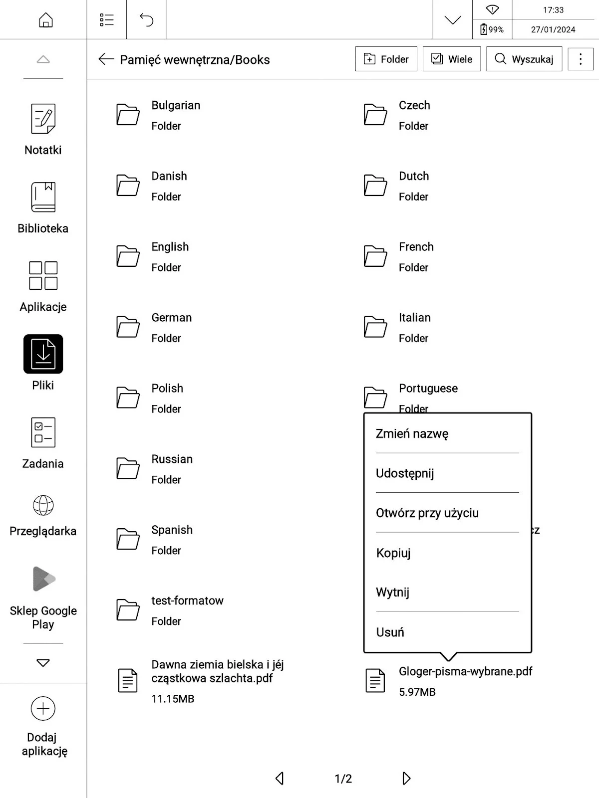 Menu pliku z poziomu przeglądania pamięci wewnętrznej na PocketBook InkPad X Pro