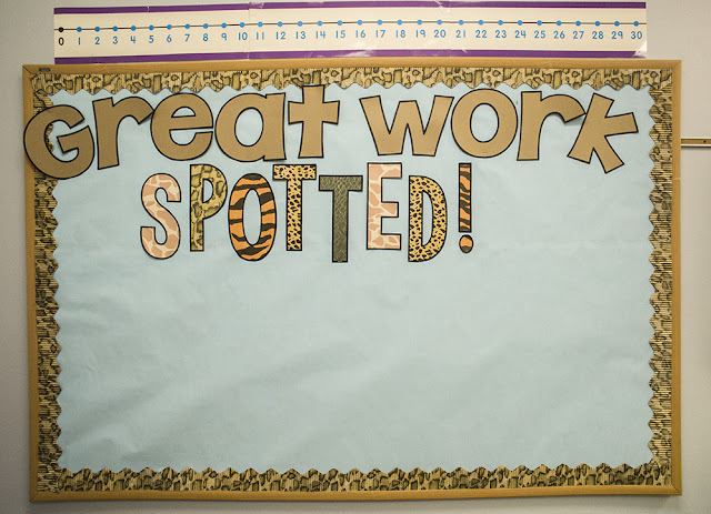 Great Work Spotted bulletin board is perfect for displaying student work.