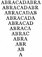 A rough, inverted triangle of black, capital letters in a slightly unsteady, old-fashioned font. Starting with the word ABRACADABRA, each line loses a letter until all that's left is the letter A.