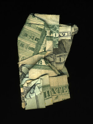 money art, folded money, love and hate