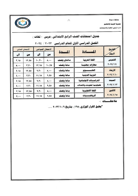 جداول  امتحانات كل فرق  محافظة دمياط ترم أول2024 %D8%A4%D9%84%D9%8A%D8%B9