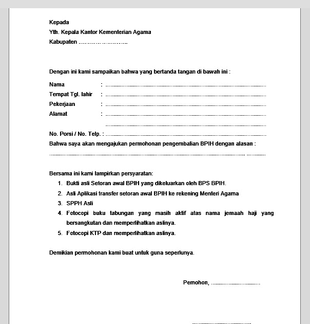Contoh Surat Permohonan Pengembalian Bpih Biaya Penyelenggaraan Ibadah Haji Disertai File Pdf