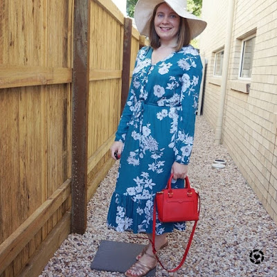 awayfromtheblue Instagram | Kmart teal floral print midi dress birthday party outfit with little red Rebecca Minkoff bag sunhat