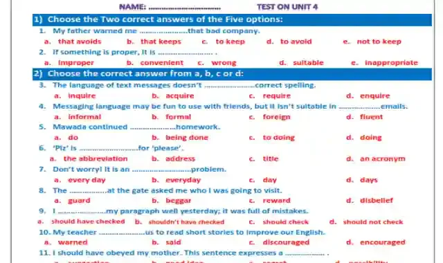 احدث امتحان لغة انجليزية على الوحدة الرابعة لصف الثانى الثانوى الترم الاول 2023