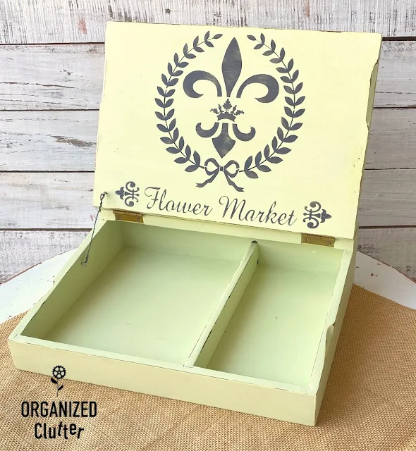 Thrifted Lap Desk Repurposed As A Seed Box #stencil #IODtransfer #frenchstyle #fleurdelis #terracottapots #seedbox #upcycle #repurpose #dixiebellepaint