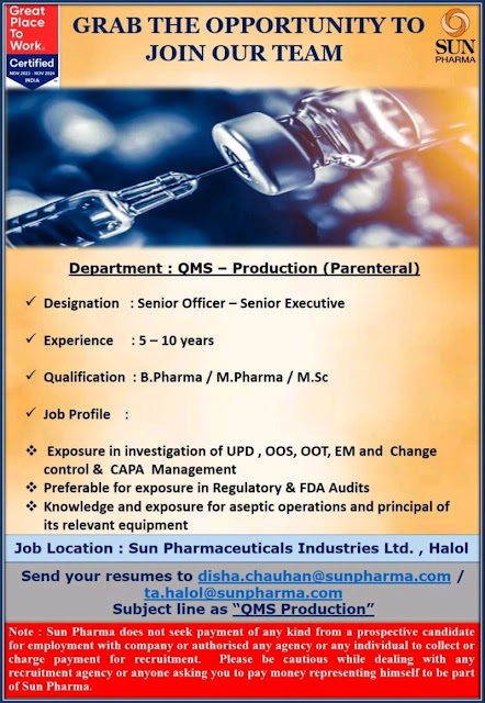 Sun Pharma Job Vacancy For QMS Production