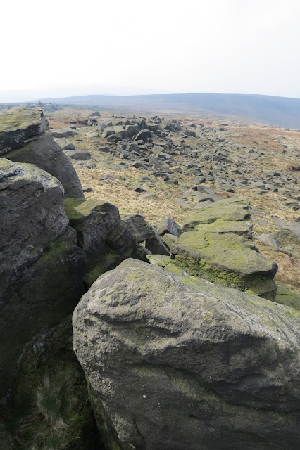 View of gritstone tors and shattered boulders.
