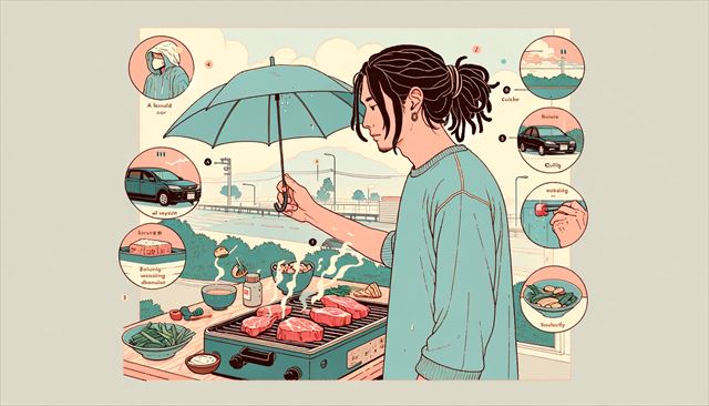 A simple, minimal style illustration in pastel colors featuring a casual-dressed Japanese man with dreadlocks. The scene captures a day trip to Awaji Island for a barbecue, with the journey being affected by traffic and rainy weather, yet finding solace in a sheltered barbecue spot. Illustrate elements of the barbecue under cover, like a grill with Awaji beef and vegetables, emphasizing the enjoyment of food despite the initial setbacks. Also, subtly include symbolic elements reflecting the writer's internal struggle with social anxiety, such as a slightly distanced posture from others or a thoughtful expression while looking at the food. The artwork should convey a mix of satisfaction from the delicious food and the complexity of navigating social interactions, set against the backdrop of a rainy day adventure.
