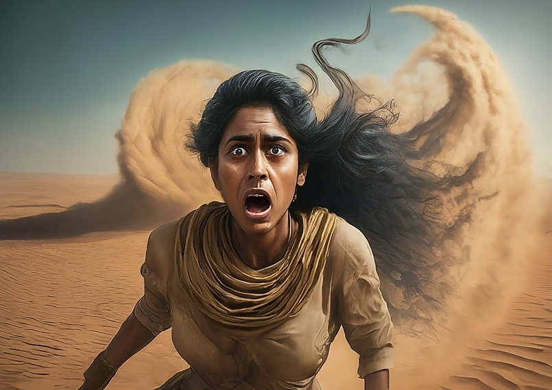 A woman running away from a sandstorm for illustrating the meaning of seeing the desert in a dream in Islam