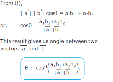 From (i), 	|(" a " ) ⃗| |(" b " ) ⃗| cosθ = a1b1 + a2b2 or,	cosθ = ("a" _"1"  "b" _"1" +"a" _"2"  "b" _"2" )/(|( "a"  ) ⃗| |( "b"  ) ⃗|) This result gives us angle between two vectors (" a " ) ⃗ and (" b " ) ⃗. θ = cos-1(("a" _"1"  "b" _"1" +"a" _"2"  "b" _"2" )/(|( "a"  ) ⃗| |( "b"  ) ⃗|)).