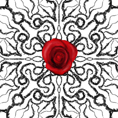 Red Rose on a repeating trellis pattern of black thorns