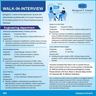 ITI/ Diploma/ B.Tech Jobs Vacancy Walk In Interview For Biological E. Limited On Sunday Dec 27, 2020