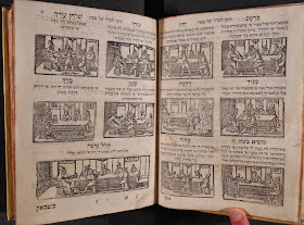 A series of twelve woodcuts accompanied by Hebrew text, showing the progression of a Seder.