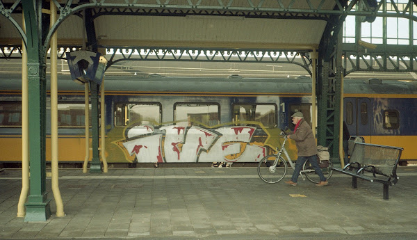 Trein met graffiti en langslopende man met fiets aan de hand, Station 's-Hertogenbosch