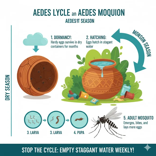 An infographic showing the life cycle of the Aedes mosquito, highlighting the dormancy of eggs in dry conditions and their rapid hatching during monsoon rains.