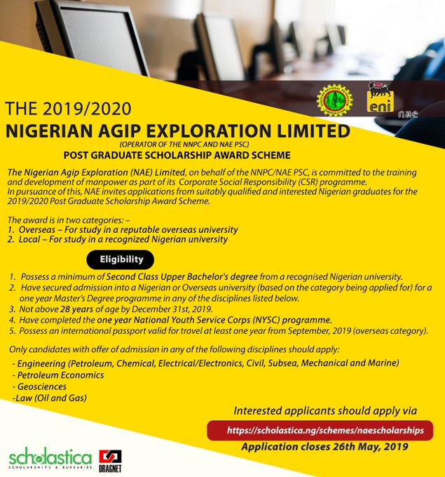 2019/2020 Nigerian Agip Exploration (NAE) Limited Post Graduate Scholarship Award Scheme for study Abroad and Nigeria