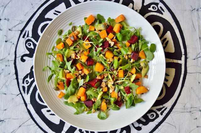 A plate of Butternut Squash Beetroot and Avocado Salad