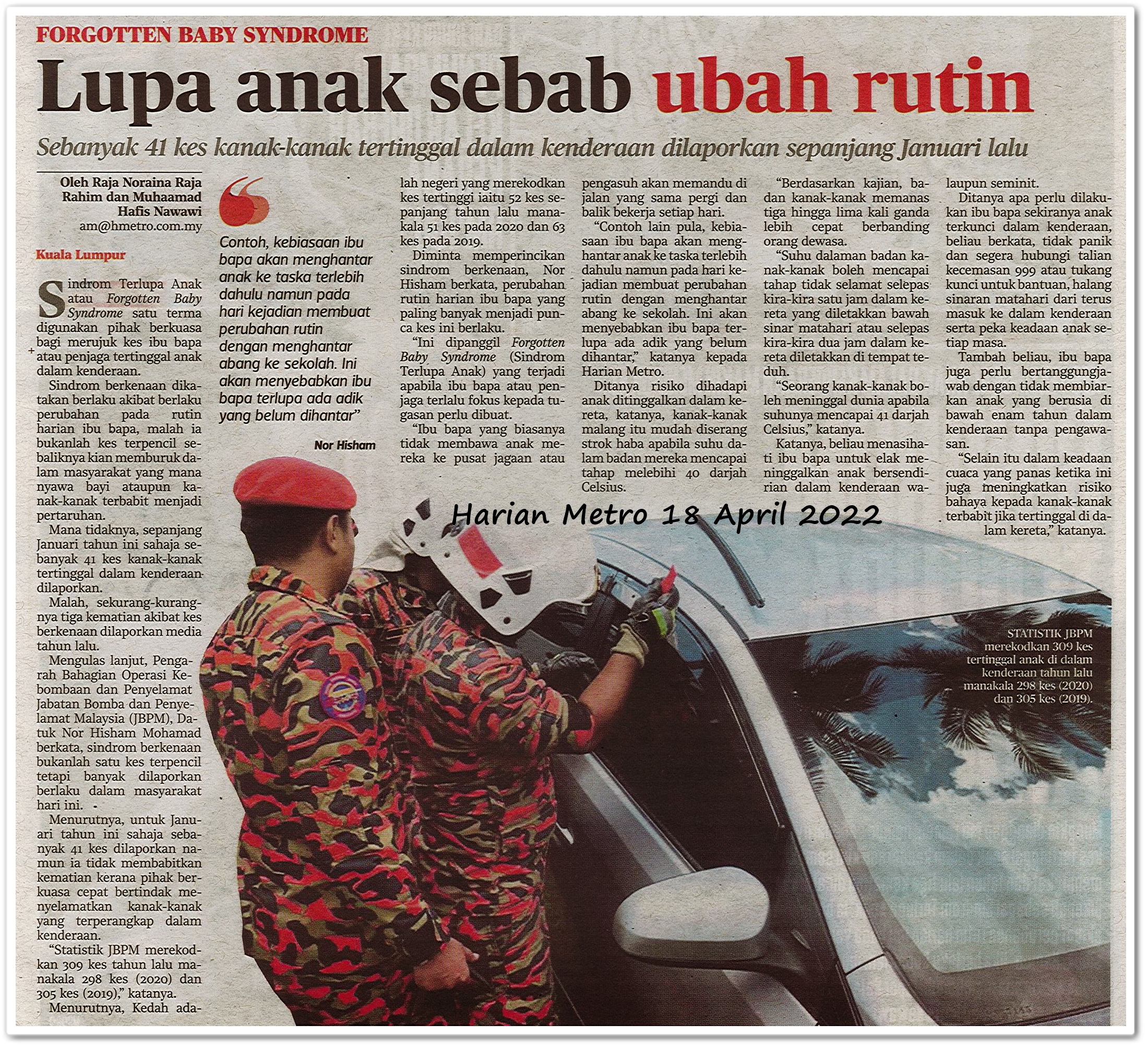 Sindrom terlupa anak ; Lupa anak sebab ubah rutin - Keratan akhbar Harian Metro 18 April 2022