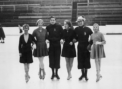 1936 British Olympic figure skaters Mollie Phillips, Cecilia Colledge, Graham Sharp, Gweneth Butler, Jackie Dunn and Belita Jepson-Turner in Garmisch-Partenkirchen