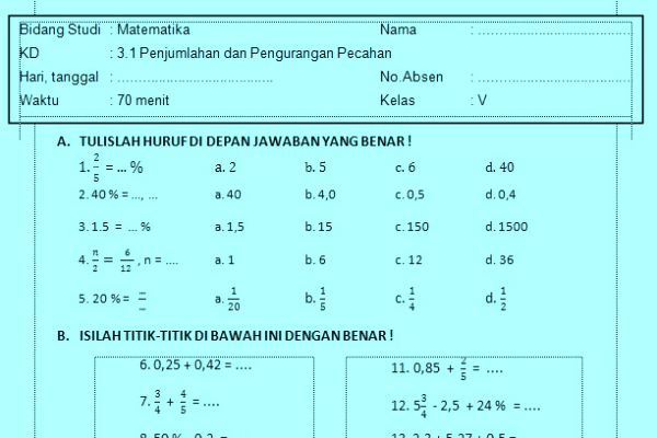 Soal Ulangan Harian Matematika Kelas 5 Kurikulum 2013