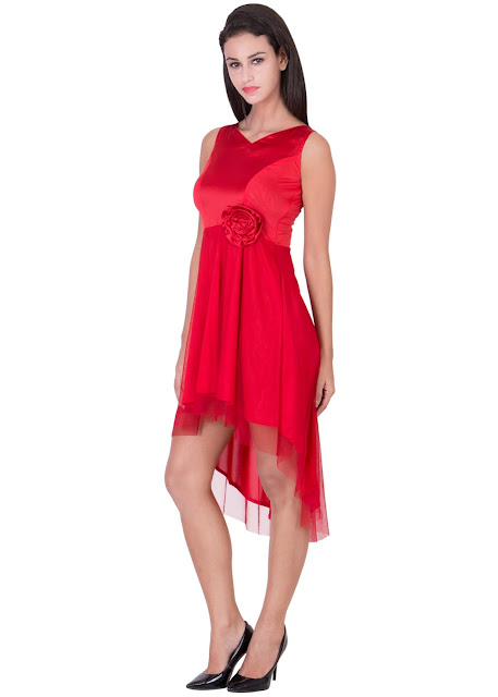 Red Desire Stretchable High low Net Dress by Ashima S Couture