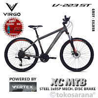 Sepeda Gunung Virgo V223ST 3x8-MD 26 Inci x 2.20 Inci MTB Hi-Ten Steel Steel 3x8 Speed Fork LO Travel 110 mm Mech Disc Brake XC Mountain Bike Remaja Dewasa