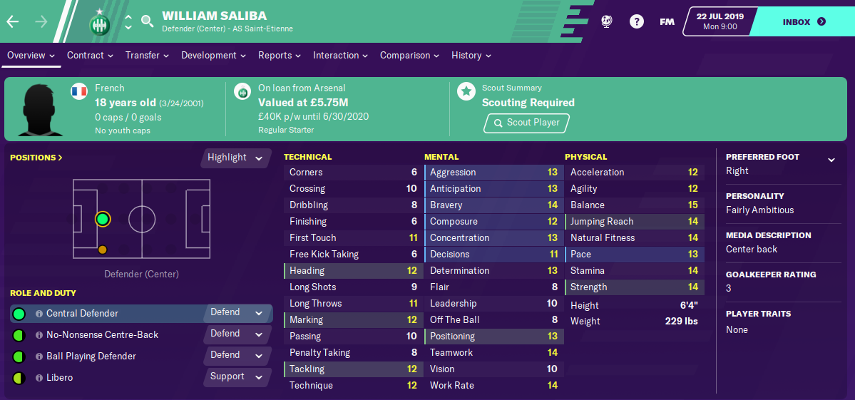 William Saliba: Starting Attributes in FM2020