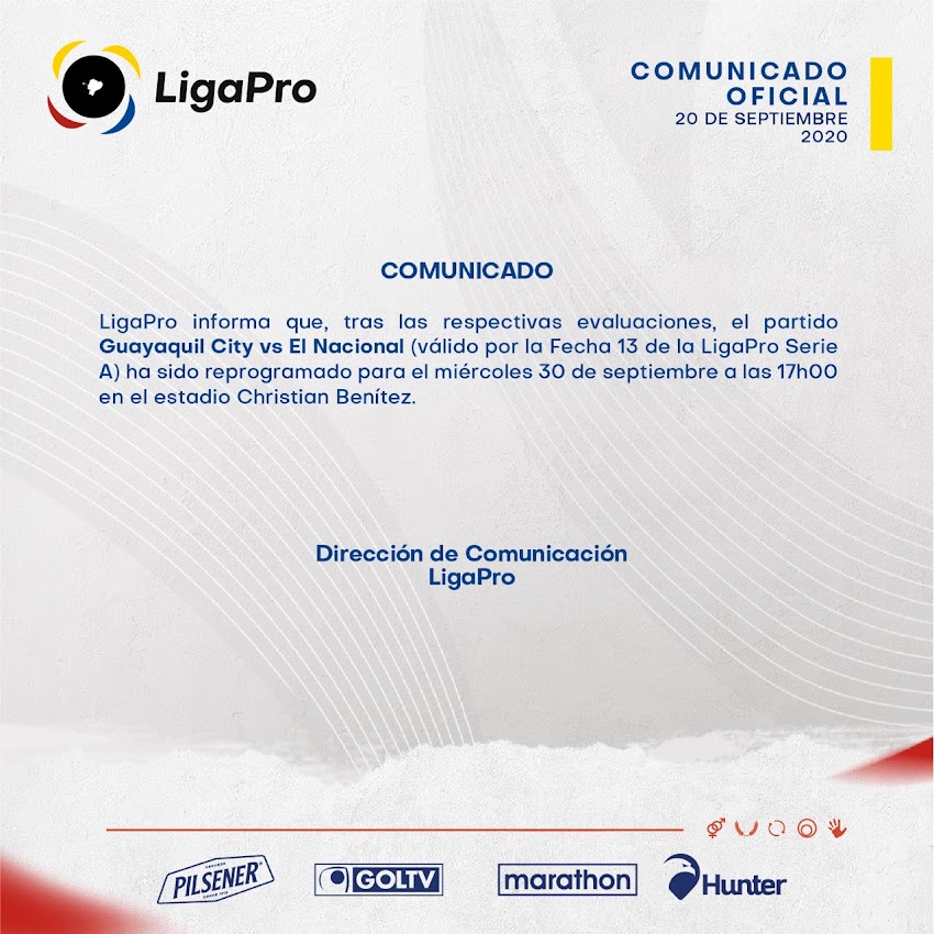 Fecha y hora del cotejo postergado: Guayaquil City - El Nacional