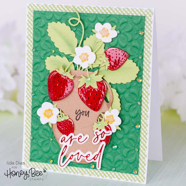 Clover Petals 3D Embossing Folder, Lovely Layers Strawberries Dies,Terracotta Planters Dies,Foil Script Love HFP and Dies,Love Love Love Stamps,Happy Hearts Gem Stickers,Happy Hearts Paper Pad,Scallop A2 Frame Dies