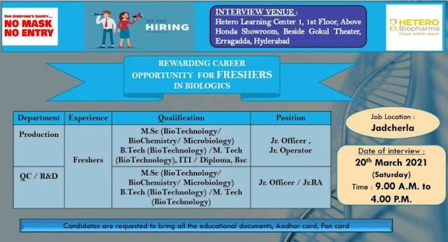 Hetero Biopharma | Walk-In interview for Freshers on 20th Mar 2021 at Hyderabad