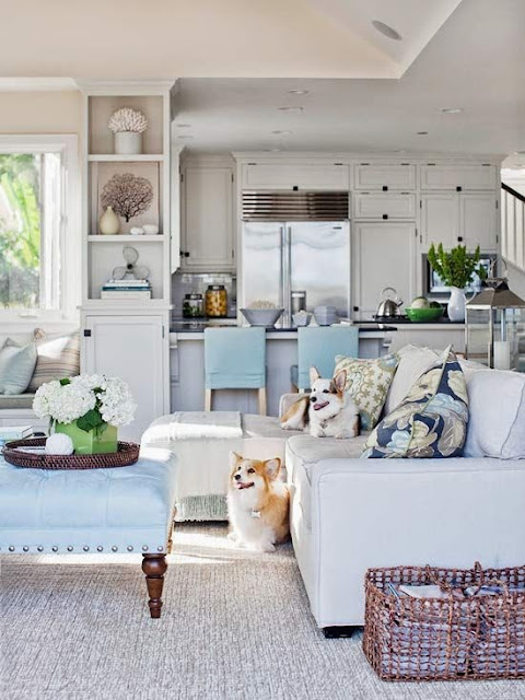 open floor plan layout neutral white kitchen and family room