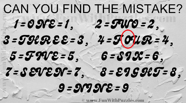 CAN YOU FIND THE MISTAKE? 1=ONE=1, 2=TWO=2, 3=THREE=3, 4=F0UR=4, 5=FIVE=5, 6=SIX=6, 7=SEVEN=7, 8=EIGHT=8, 9=NINE=9
