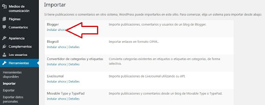 Pantalla para instalar el plugin Blogger en WordPress