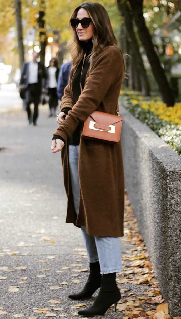 fashionable fall outfit idea with a brown coat + bag + jeans + heels + black sweater