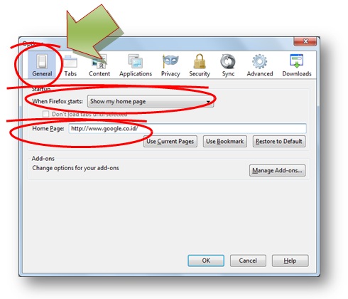 gambar dialog options dari mozilla firefox untuk mengatur tampilan awal / pertama mozilla saat dijalankan