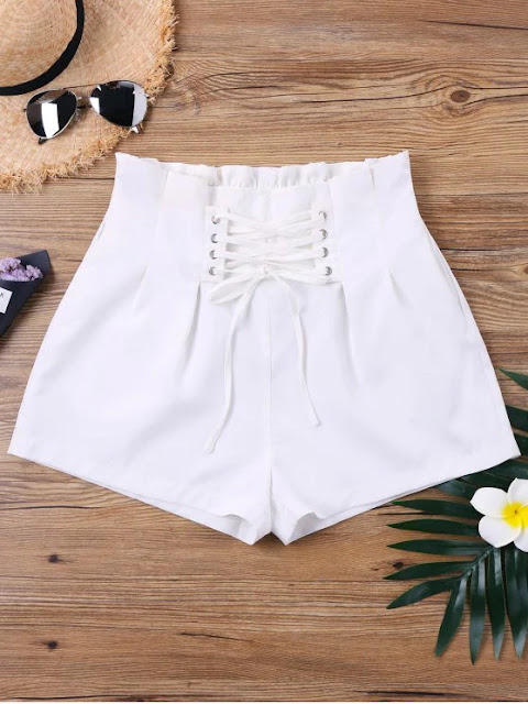 High Waist Lace Up Shorts - White S