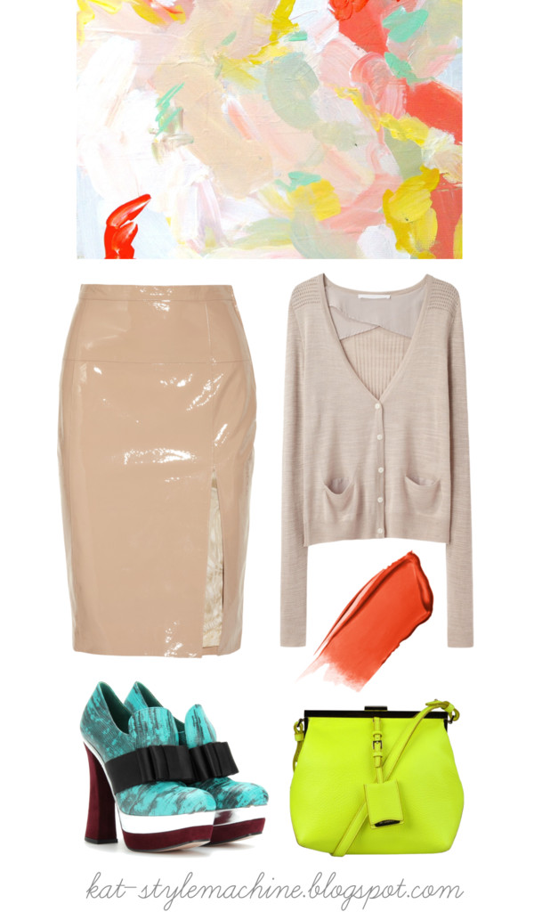 stylish outfit with patent leather skirt and marni shoes