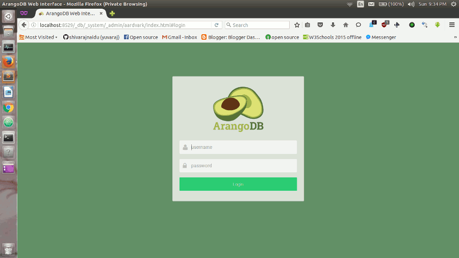 ArangoDB web interface login view