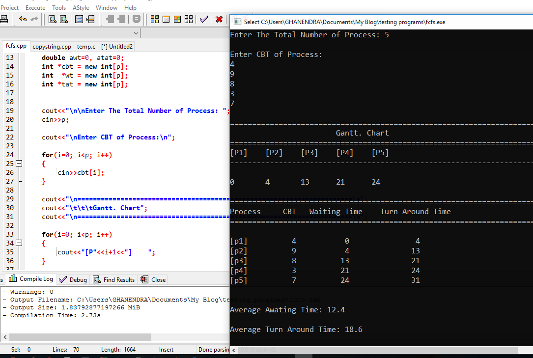 The Output of FCFS Scheduling Program With Arrival Time