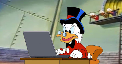 Scrooge McDuck (an angry-looking, anthropomorphic, white duck with a shiny, black top hat, a red jacket, and a pair of pince-nez spectacles on his beak) sits at a desk at the bottom of his vault and glares at an open laptop he's prodding with one hand. Behind him, leaning over the railing of a high gantry, are three out-of-focus, white ducklings: presumably Huey, Dewey, and Louie. There is no money to be seen!