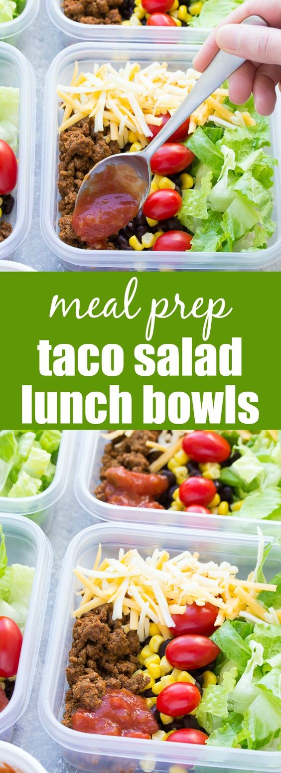Meal Prep Taco Salad Lunch Bowls that you can make ahead! These easy taco salads are filled with taco beef, lettuce, cheese, black beans, corn and salsa! | www.kristineskitchenblog.com