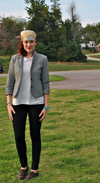 Chanel 99 lipstick, oxfords, turban, black skinny jeans, gray blazer