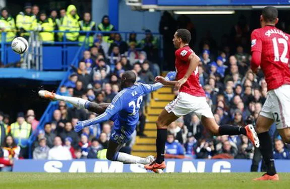 Chelsea striker Demba Ba volleys in the winning goal against Manchester United