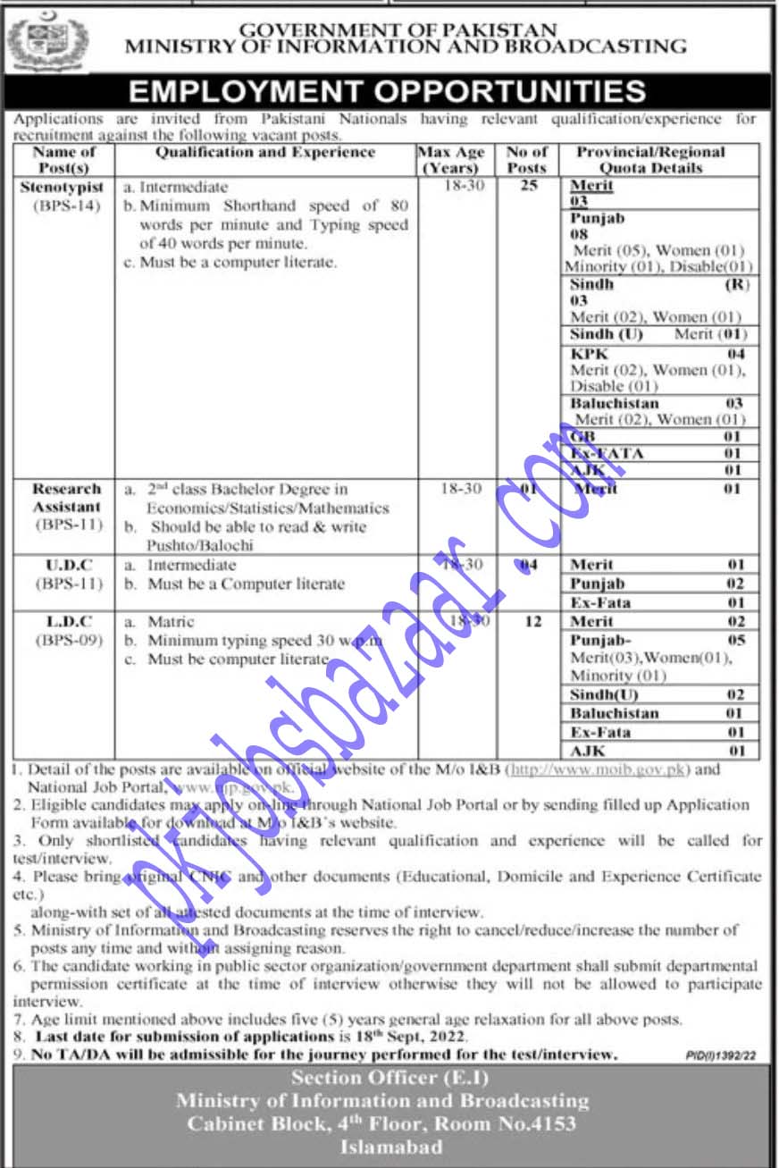 Ministry of Information and Broadcasting Jobs September 2022