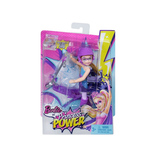 Poupée Barbie Super Princesse : fillette avec costume mauve et trottinette.