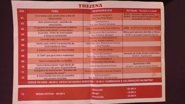 Saiba o calendário completo da Trezena de Santa Luzia Padroeira de Macajuba.