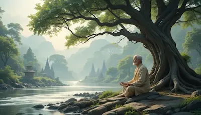 A serene, atmospheric digital painting illustrating the Vanaprastha stage, depicting an elderly person in simple traditional attire seated in deep meditation beside a gently flowing river or under a large, ancient tree in a lush forest setting. The background subtly reveals ancient temple ruins bathed in soft, filtered sunlight, symbolizing the transition from active household life to a contemplative, spiritual existence. The overall mood conveys calmness, wisdom, and inner peace, reflecting the essence of detachment and self-reflection in this stage of life."